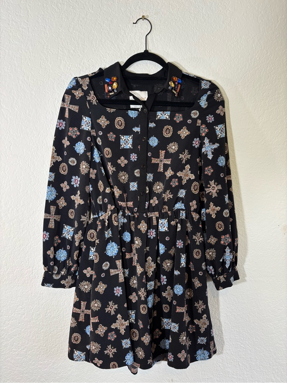 NWT Line & Dot Black Jewel Print Rhinestone Collar Long Sleeve Mini Dress Small - Picture 4 of 14